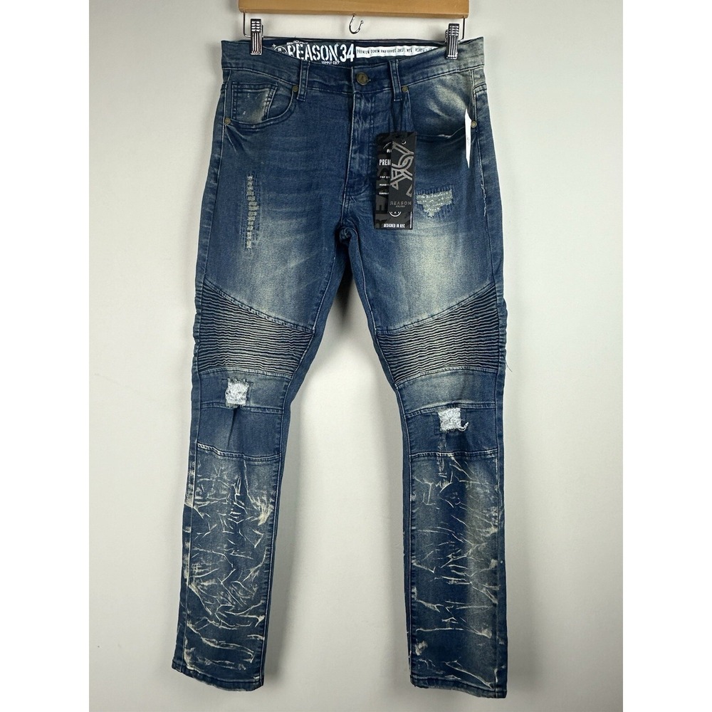 Reason Men's Blue Distressed Stretch Denim Skinny Jeans Pants Size 34x32 NWT